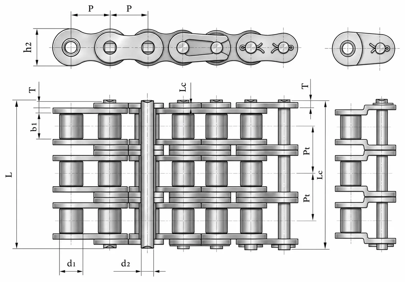 Desenho tecnico de corrente triplex com cotas P, b1, b2, d1, d2, L, Lc, Pt e T