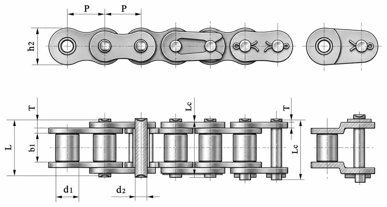 Desenho tecnico de corrente simplex com cotas P, b1, b2, d1, d2, L, Lc e T