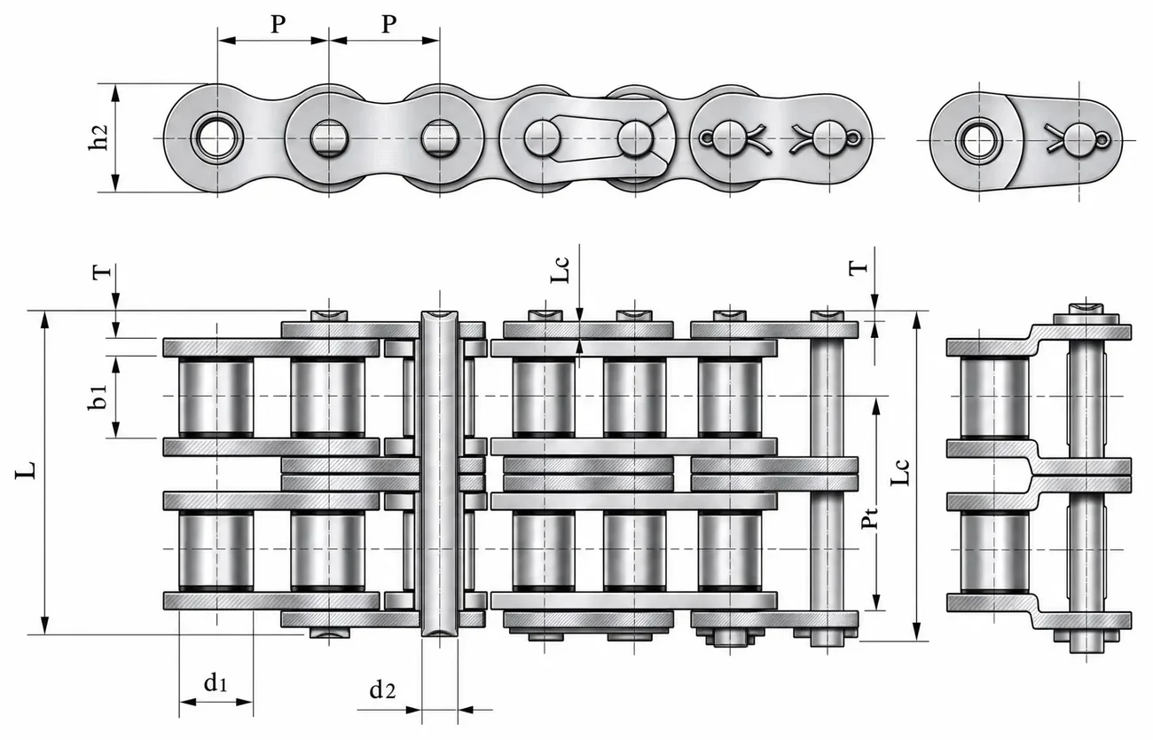 Desenho tecnico de corrente duplex com cotas P, b1, b2, d1, d2, L, Lc, Pt e T